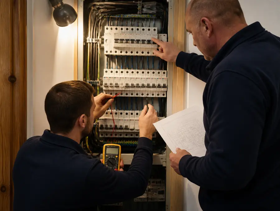 Twee elektriciens meten een groepenkast door